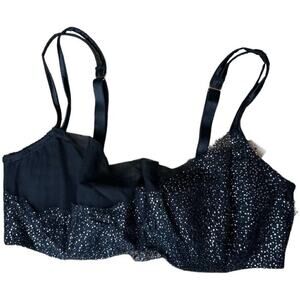 Cacique Black Silver Lurex Balcony Bra Women's Size 38DD NWT